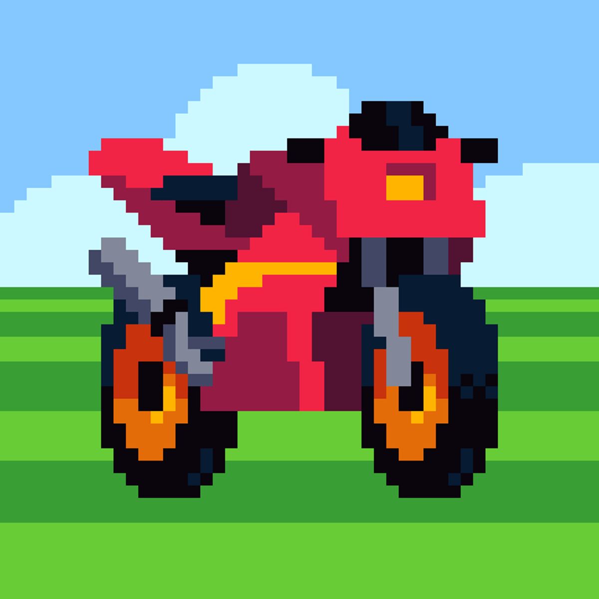 Retro Highway artwork: a red pixel-art motorbike on a green road under a blue sky.