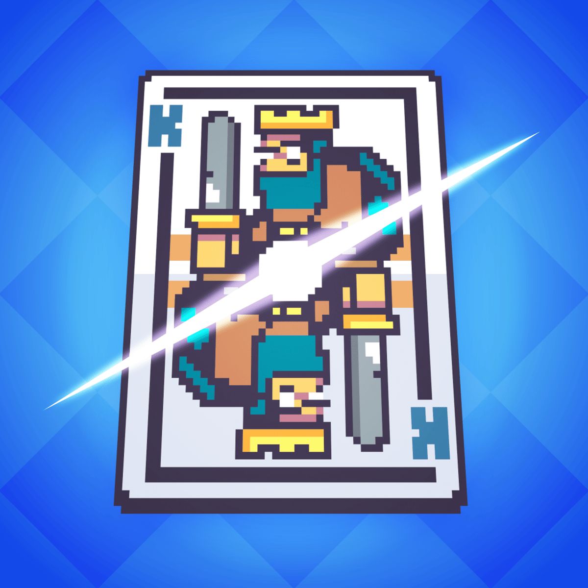 Royal Card Clash artwork: a pixel-art king playing card cut by a glowing sword strike.