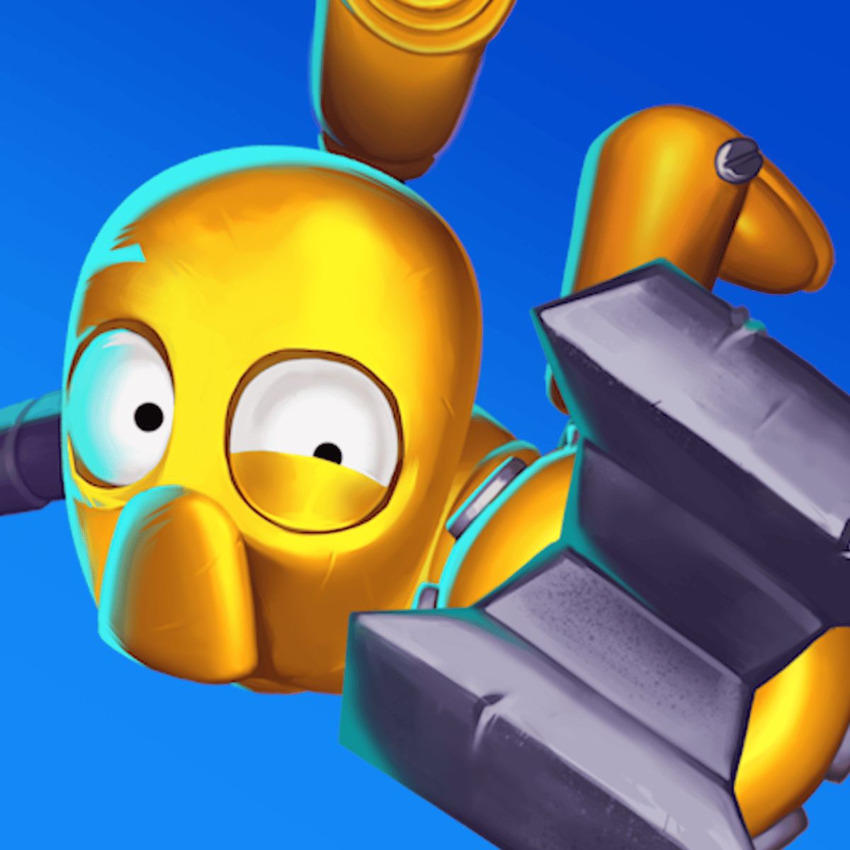 Scrap Divers artwork: a yellow cartoon robot tumbling past a block of metal.